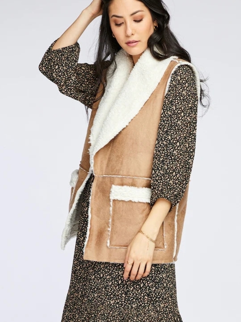 Gentle Fawn Tan Faux-Suede Vest with Cream Sherpa Collar